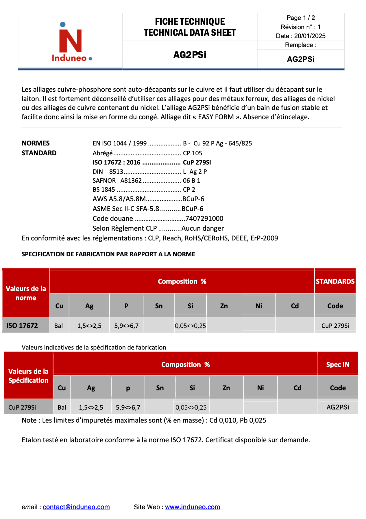 AG2PSi - Alliage Argent cuivre phosphore - 2% Argent