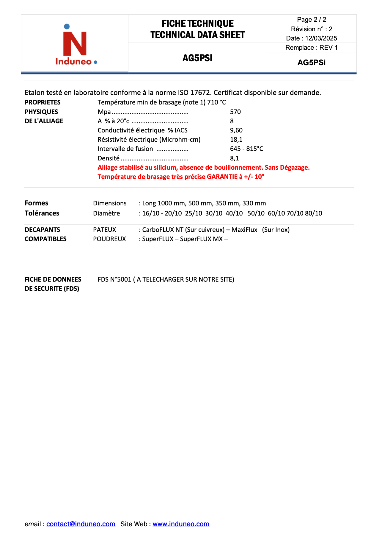 AG5PSi - Alliage Argent cuivre phosphore - 5% Argent