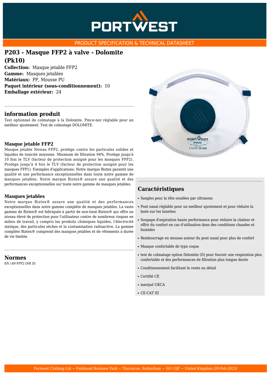 Masque FFP2 à valve - Dolomite (Pk10)
