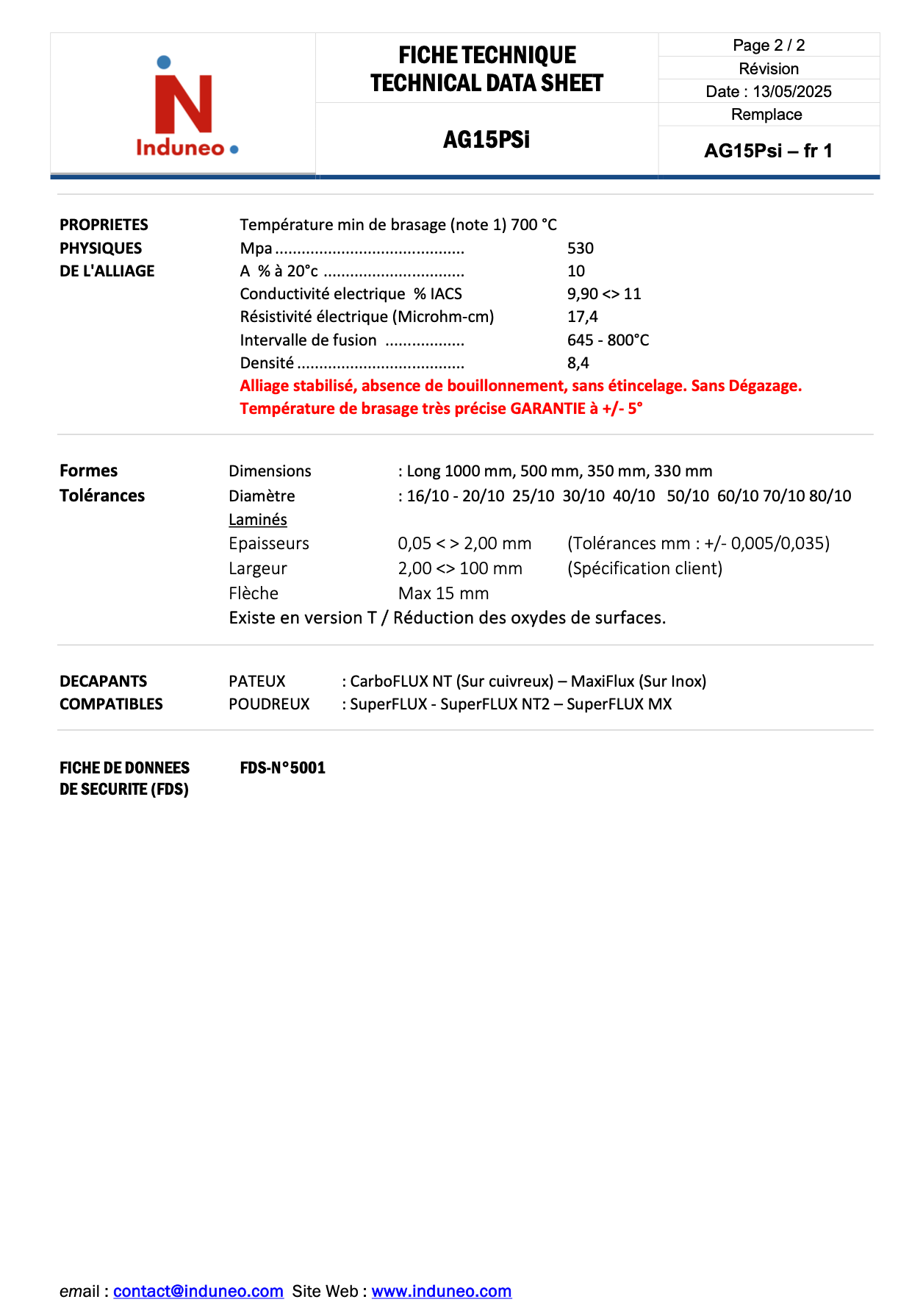 Fiche technique 1 de Alliage cuivre-phosphore 15 pour cent