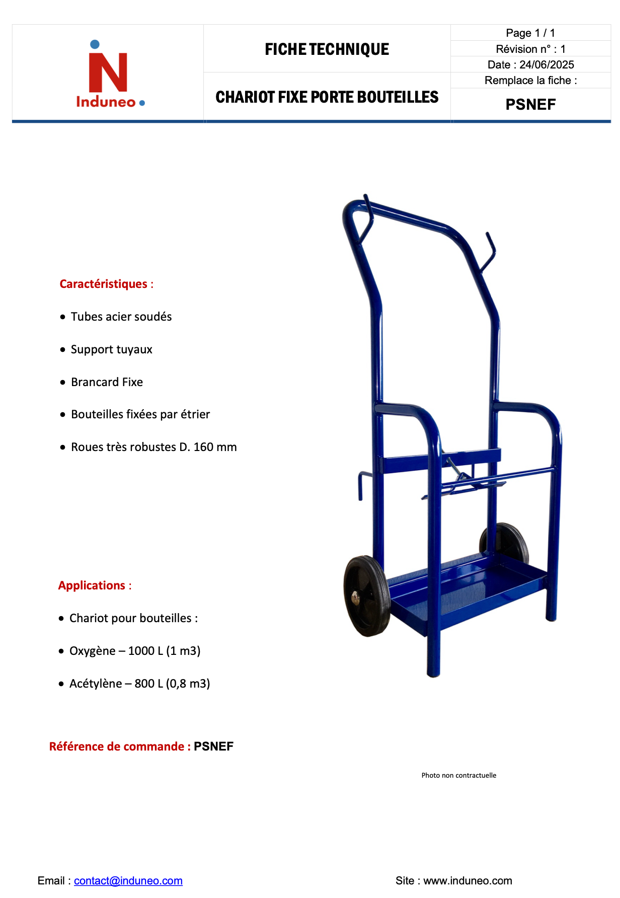 Fiche technique Chariot de support pour bouteilles d' oxygène et d'acétylène
