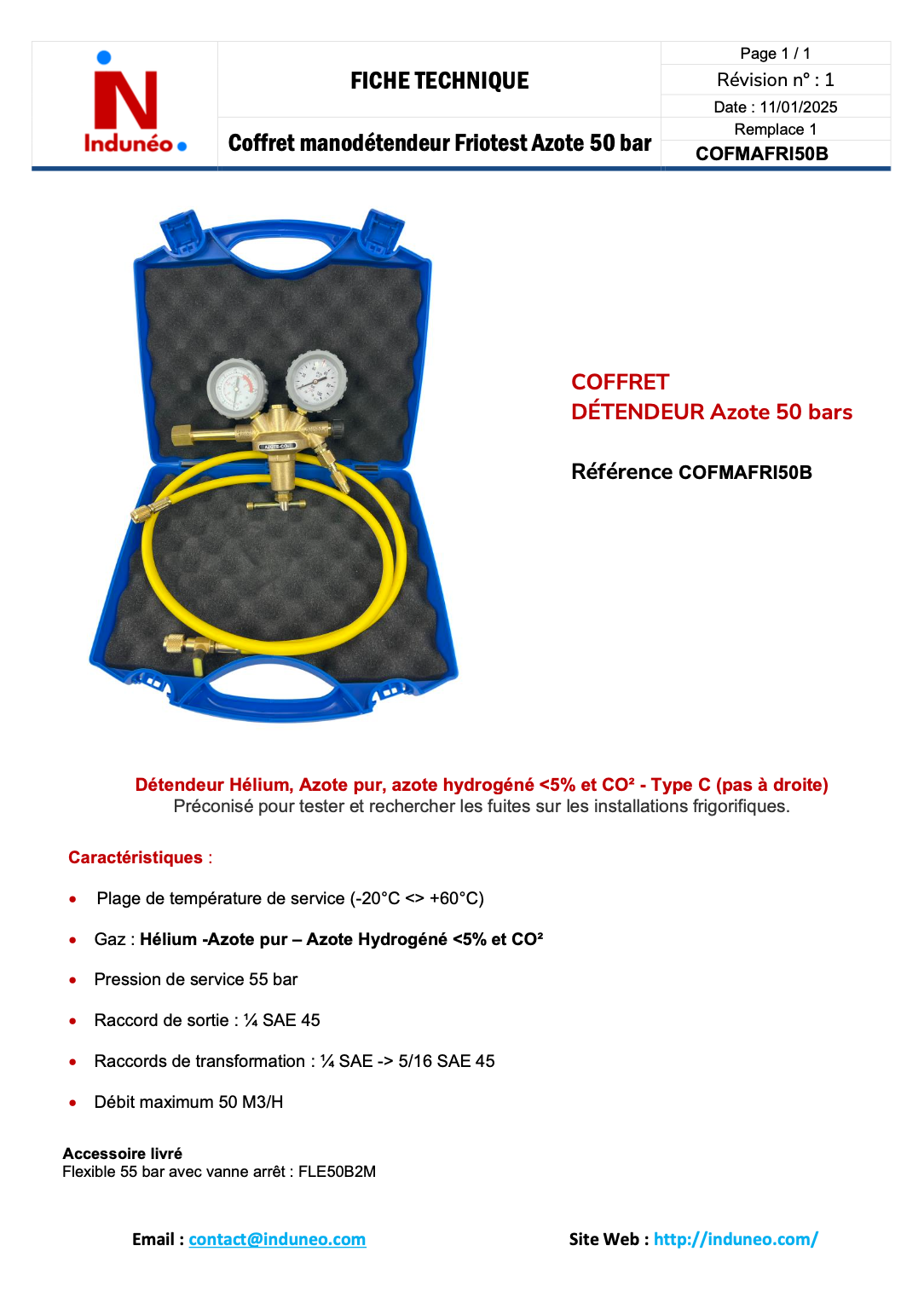 Coffret Manodétendeur FRIOTEST 50 Bar (util) + flexible 1.50 Mètres Azote Hydrogéné < 5%