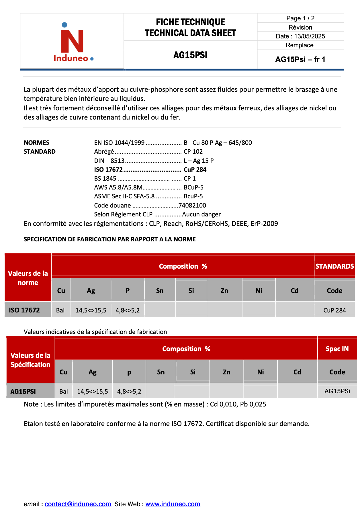 Fiche technique 1 de Alliage cuivre phosphore 15 pourcents