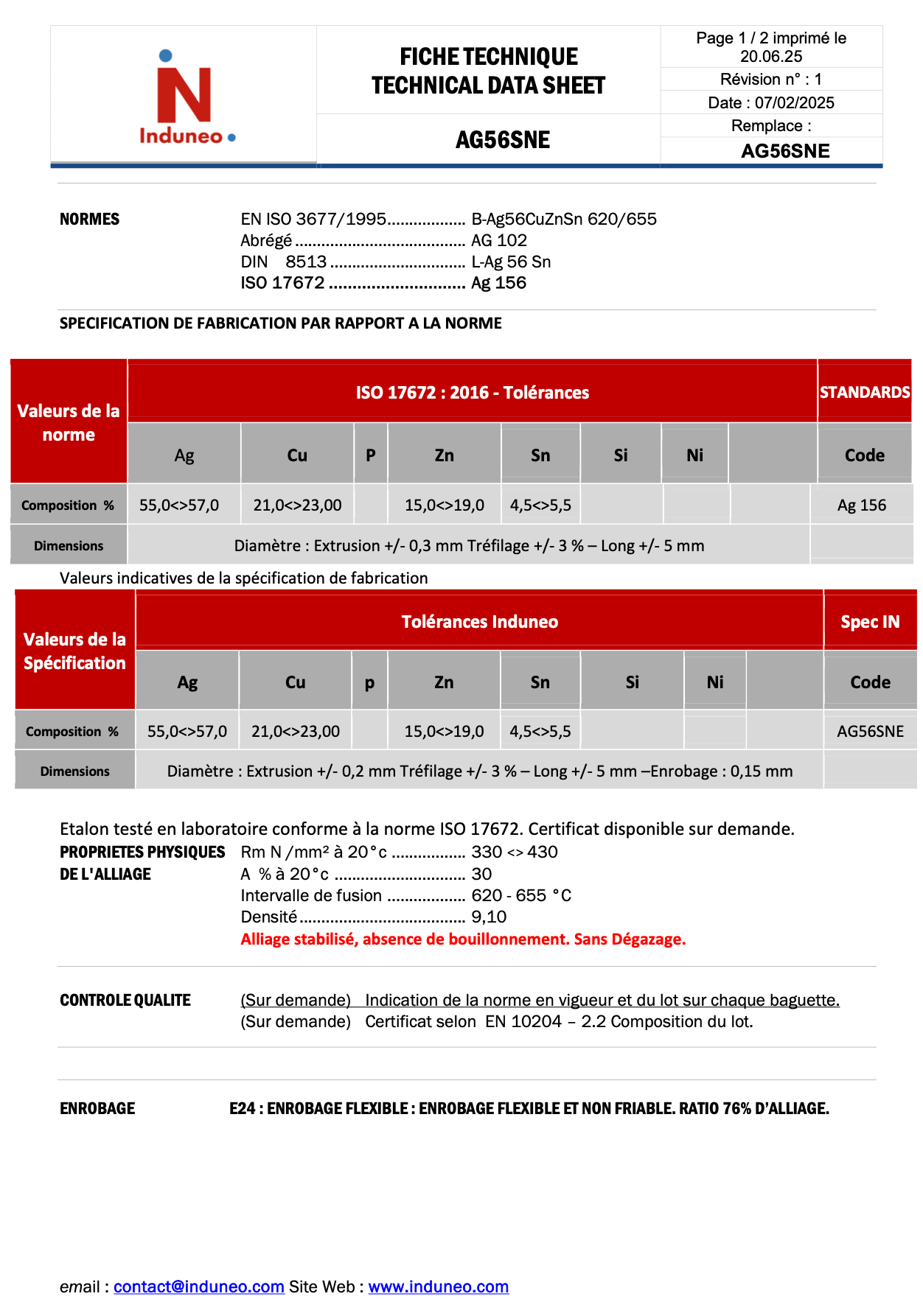 Fiche technique de brasure argent enrobée 56 pour cent
