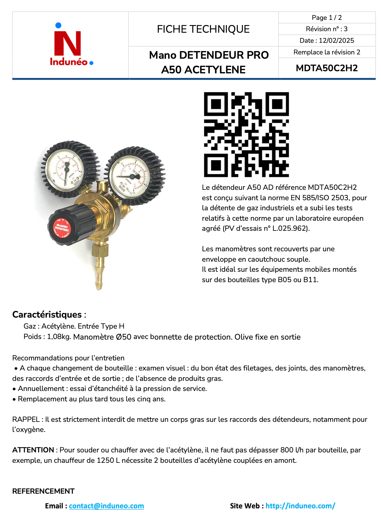 Mano détendeur A50 ACETYLÈNE