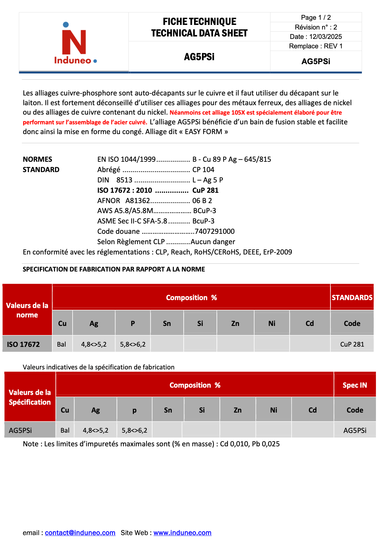 Fiche technique de Baguette alliage cuivre phosphore-argent