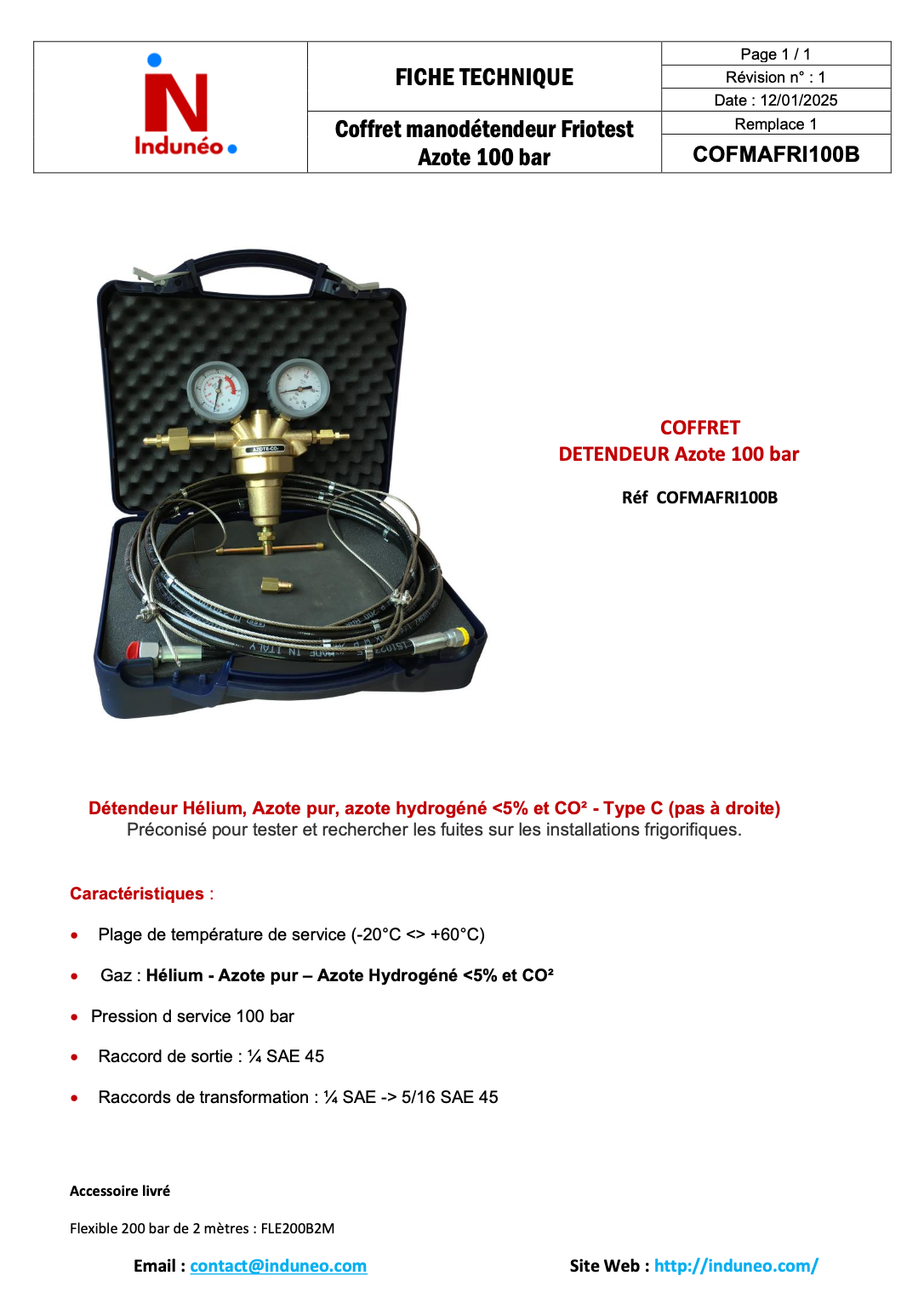 Coffret Manodétendeur FRIOTEST 100 Bar (util) + Flexible HP 3 ml avec cable anti fouet