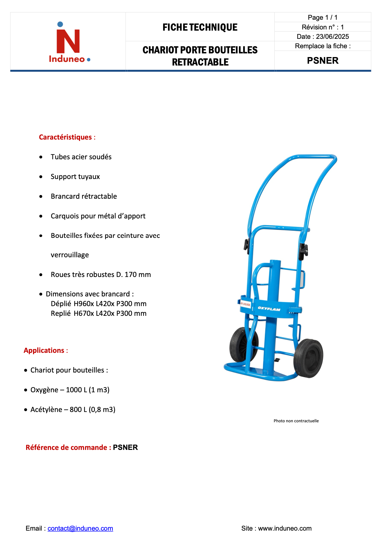 Fiche technique du Chariot pour bouteilles oxygene et acetylene retractable